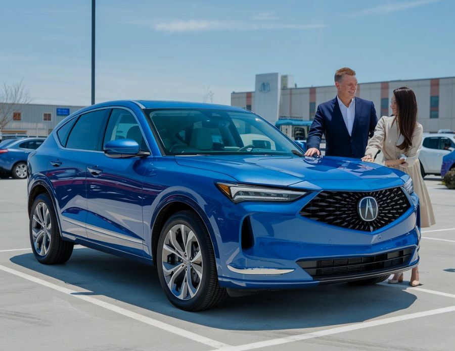blue-acura-suv-with-customers-at-Collision-Care-Accident-Repair-McLean