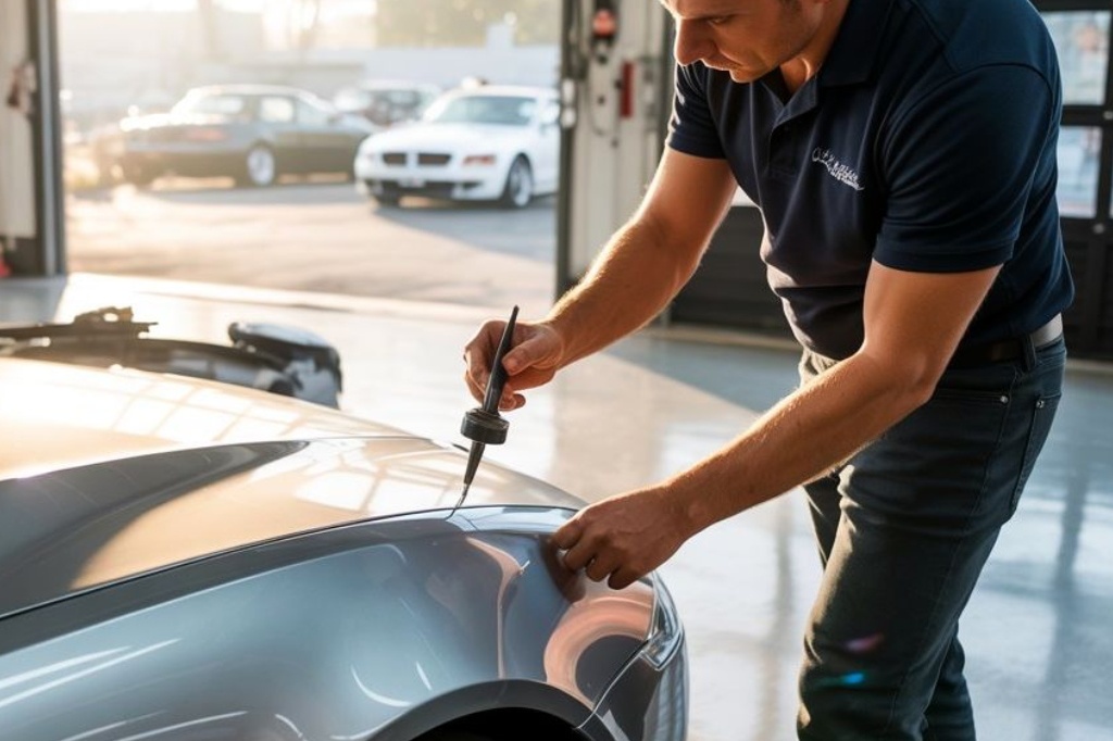 Paintless Dent Repair inspection by auto body technician Collision-Care