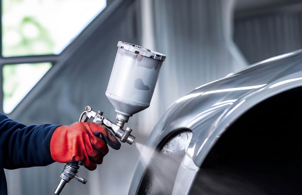 Dodge Certified Collision Repair paint gun spraying panel