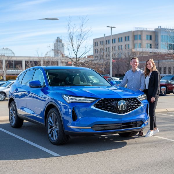 2024-Acura MDX Blue with customers after ProFirst repair at Collision Care body shop ProFirst Certified Acura Body Shop - Acura Sedan