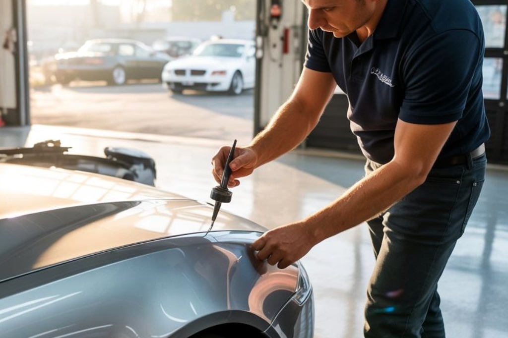 Paintless Dent Repair inspection Paintless Dent Repair inspection by auto body technician Collision-Care