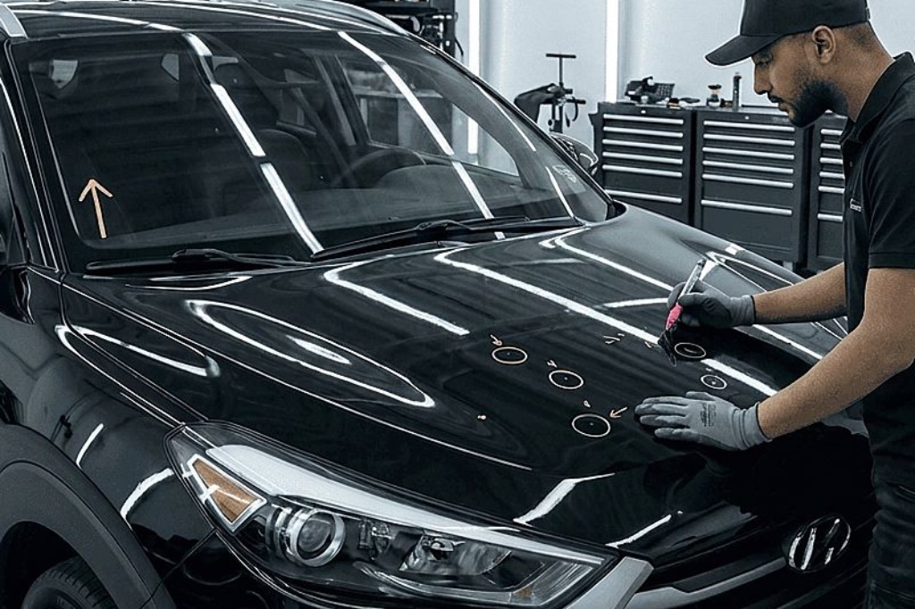 Hyundai Certified Collision Repair tech examine hood